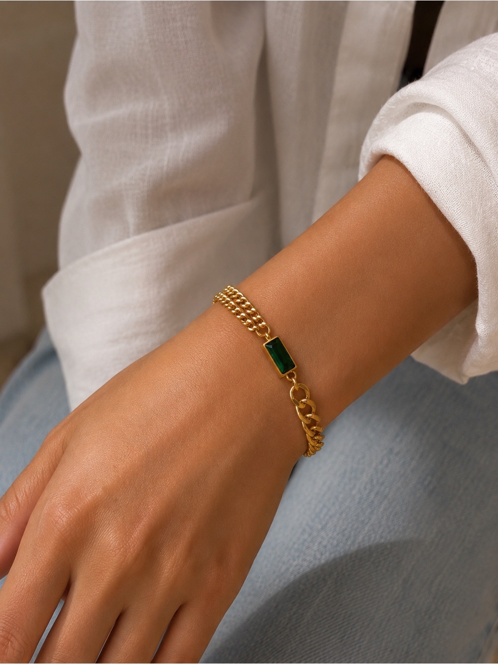 18K Gold Plated Emerald Green Stone Bracelet